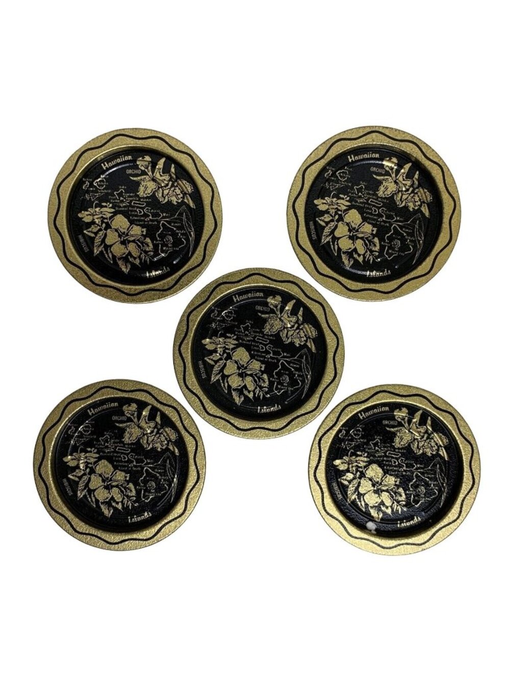 Vintage Set of 5 Hawaiian Islands Coaster Black Gold Steel Map Hibiscus Orchid